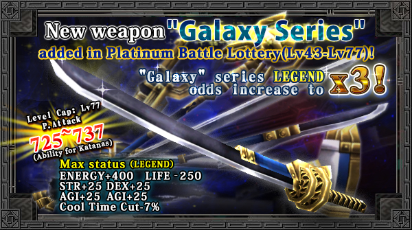 New weapon "Galaxy" series has been added in Platinum Battle Lottery(High level) And x3 odds for LE!